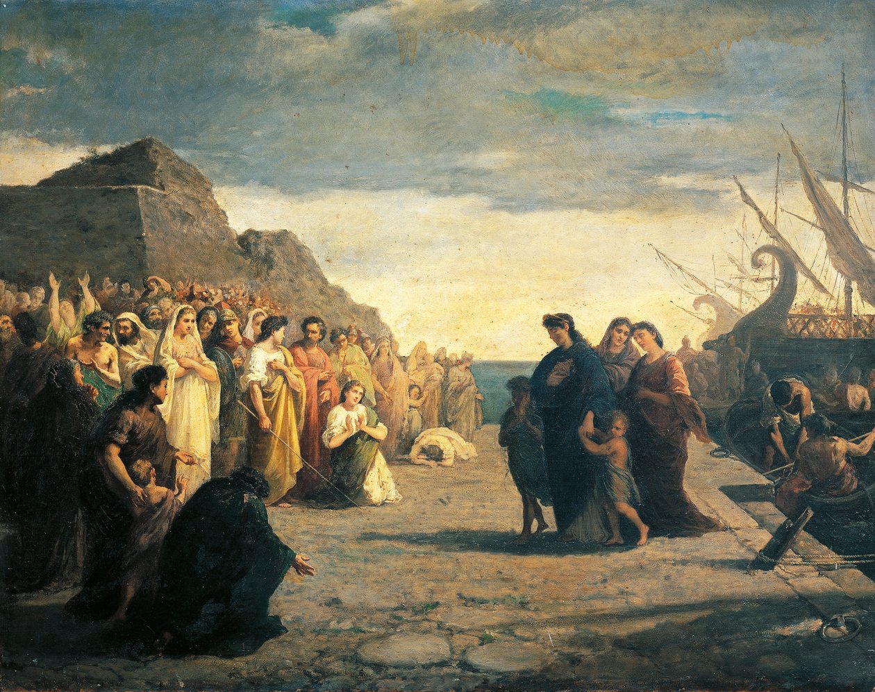 أجريبينا تصل إلى ميناء برينديزي ومعها رماد جيرمانو، بريشة سيزار كاروسيلي (1847-1927)، زيت على قماش، سلالة خوليو كلوديان، إيطاليا بواسطة سيزار كاروسيلي