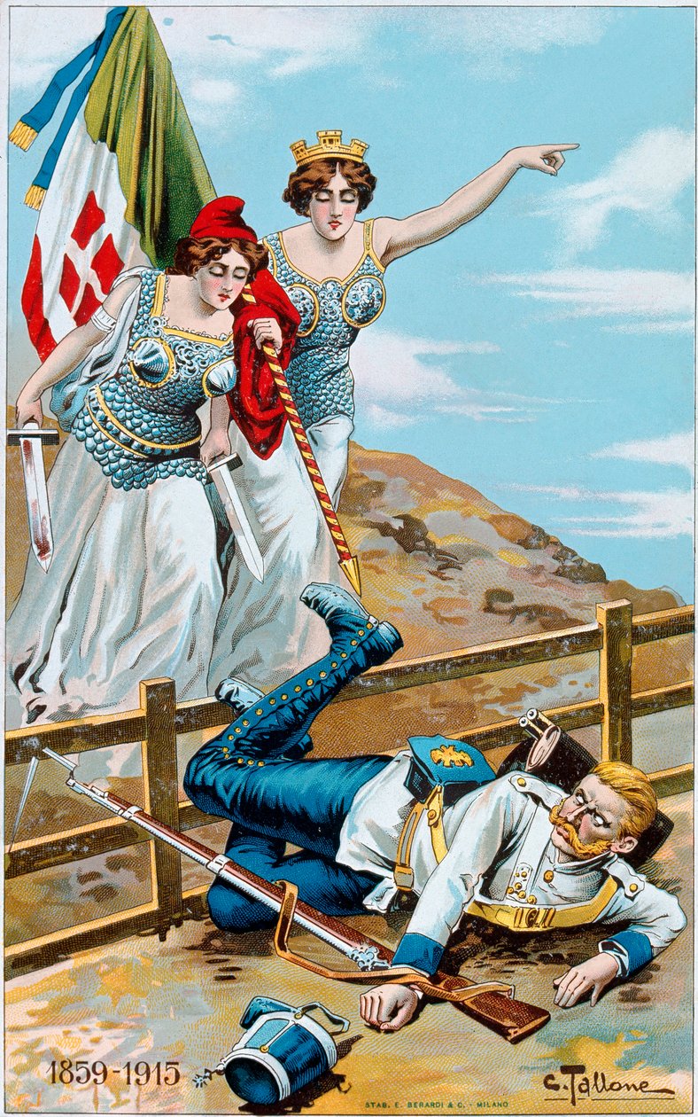 First World War: poster depicting an allegory of Italy and France chasing Germany beyond the border. Illustration by Cesare Tallone (1853-1919) Private collection بواسطة سيزار تالون