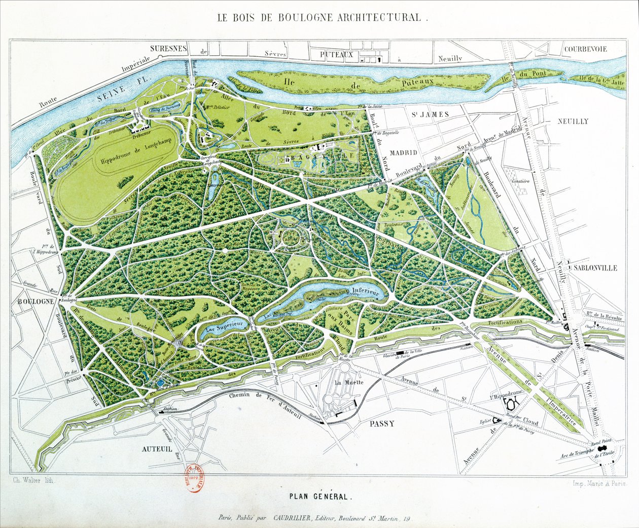 خطة Bois de Boulogne في باريس ، التي نشرتها Caudrilier ، 1860 بواسطة الفصل. والتر