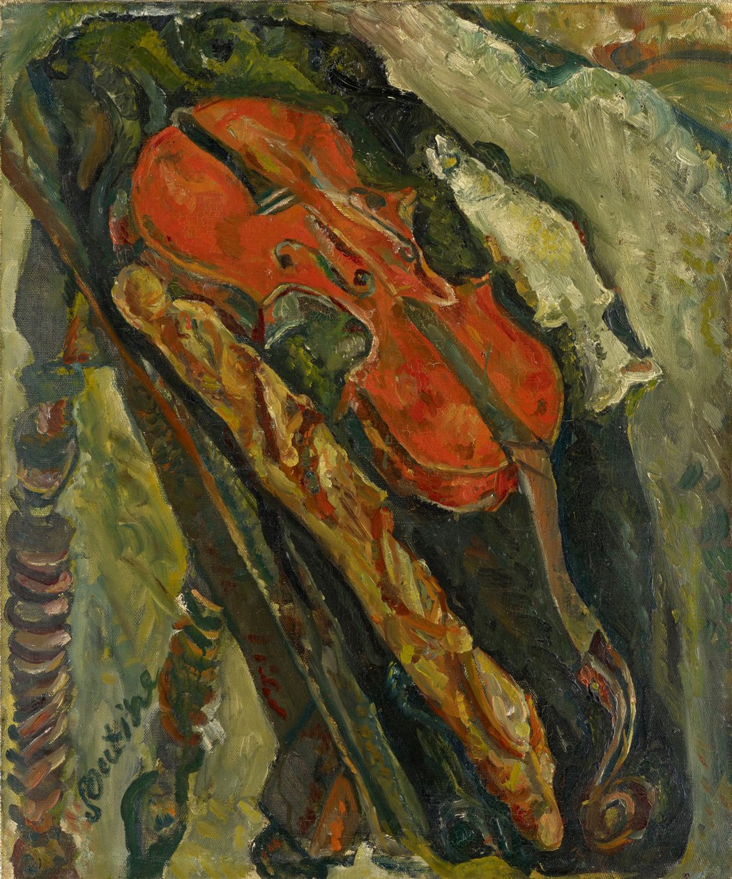 Nature morte au violon، pain et poisson لا تزال الحياة مع الكمان والخبز والأسماك ، ج. 1922. بواسطة حاييم سوتين