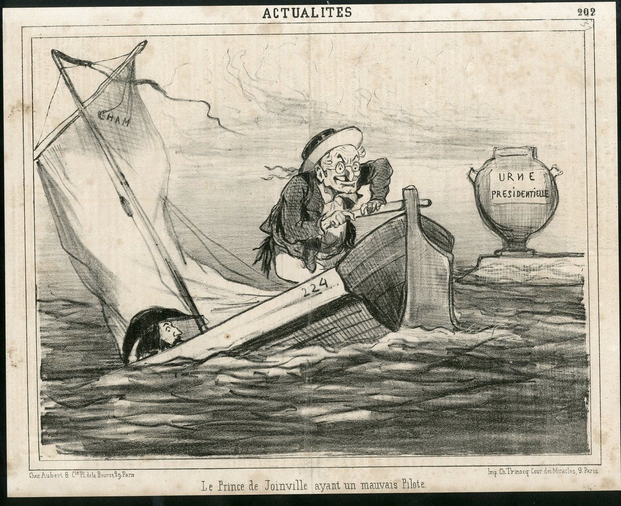 Illustration of Cham (1819-1879) in Le Charivari, circa 1850 - The Prince of Joinville having a bad pilot - Elections, President of the Republic, Maritime Marine Nautique Balneaire - Thiers Adolphe, Francois d