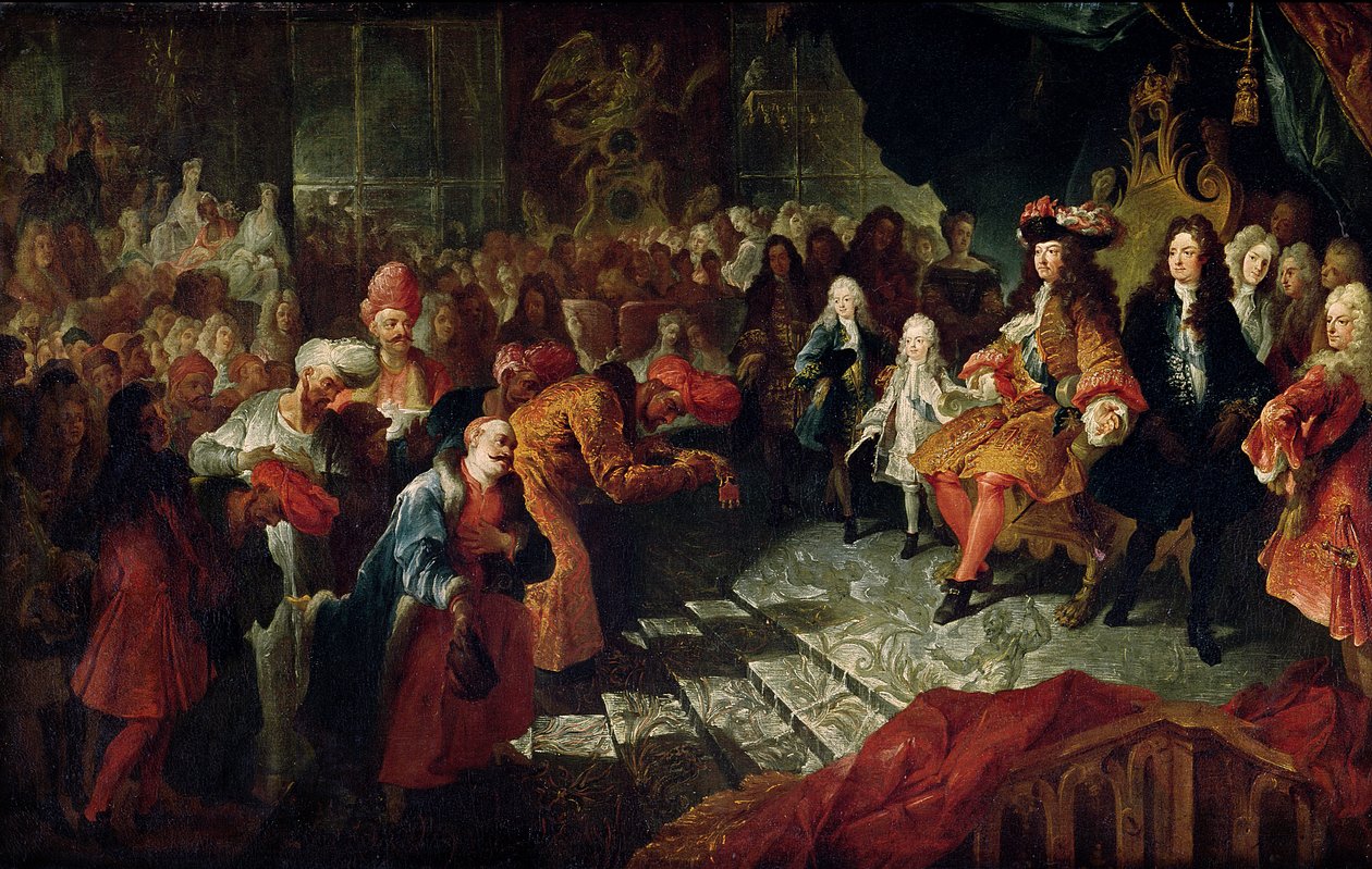 لويس الرابع عشر (1638-1715) يستقبل السفير الفارسي محمد رضا بك في غاليري دي غلاس في فرساي ، 19 فبراير 1715 بواسطة تشارلز أنطوان كويبل