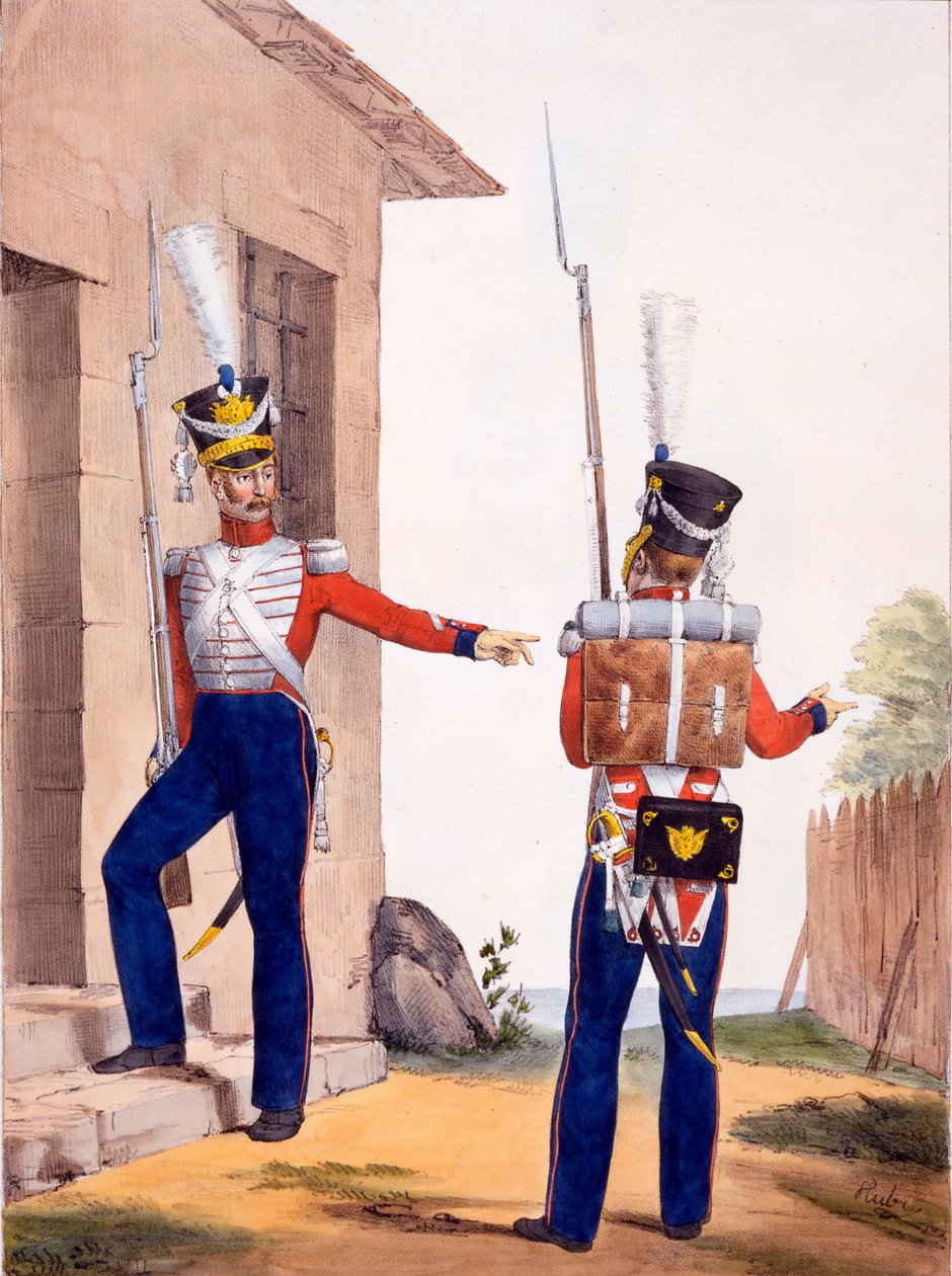 زي فوج المشاة الثامن للحرس الملكي السويسري ، من &39;Collection des Uniforms de l&39;Armee Francaise&39; ، تم نشره عام 1823 (ليثو ملون يدويًا) بواسطة تشارلز أوبري