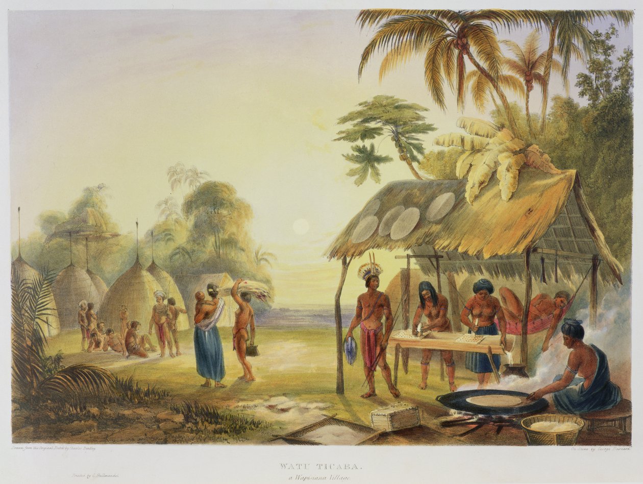 واتو تيكابا ، قرية Wapisiana ، من "مناظر في الداخل من غويانا" ، نقشت بواسطة حانة جورج بارنارد (fl.1832-90). بقلم أكرمان ، 1840 بواسطة تشارلز بنتلي
