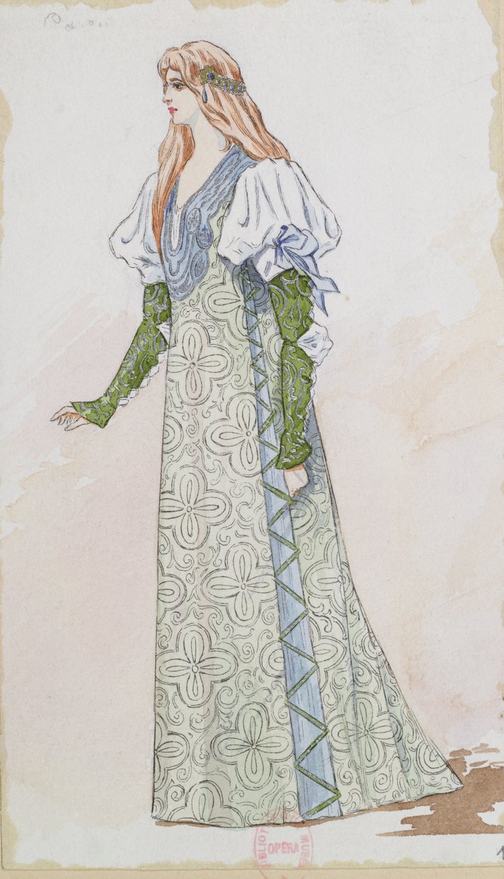 تصميم أزياء Desdemona للأداء الأول لـ Otello بواسطة Giuseppe Verdi (1831-1901) في عام 1894 في باريس أوبرا ، 1894 (قلم وقلم رصاص ومرحاض على الورق) بواسطة تشارلز بيانتشيني