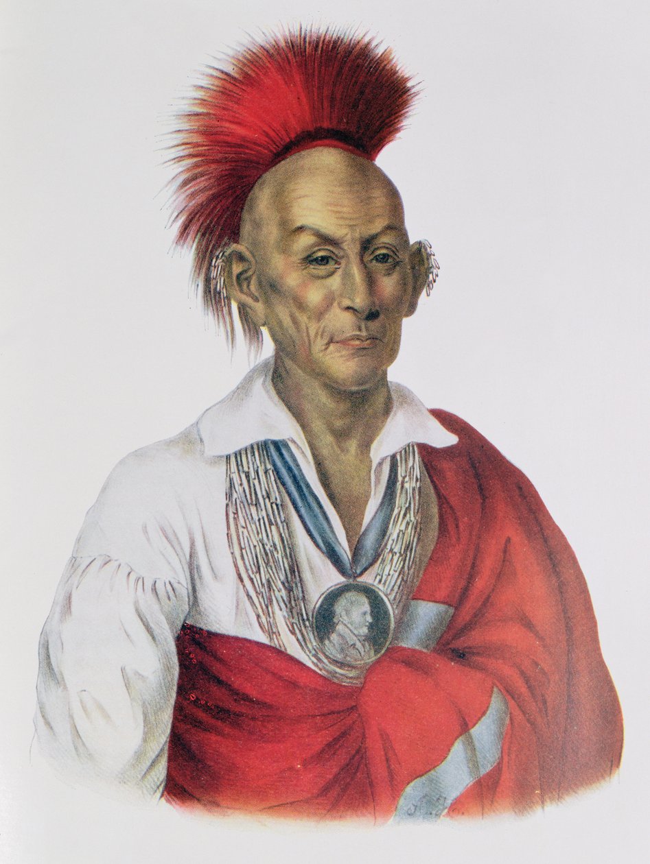 Ma-Ka-Tai-Me-She-Kia-Kiah أو Black Hawk ، a Sauk Brave ، 1837 ، رسم توضيحي من "القبائل الهندية لأمريكا الشمالية ، المجلد 2" ، بقلم توماس ل. مكيني وجيمس هول ، الحانة. جون جرانت بواسطة تشارلز بيرد كينج