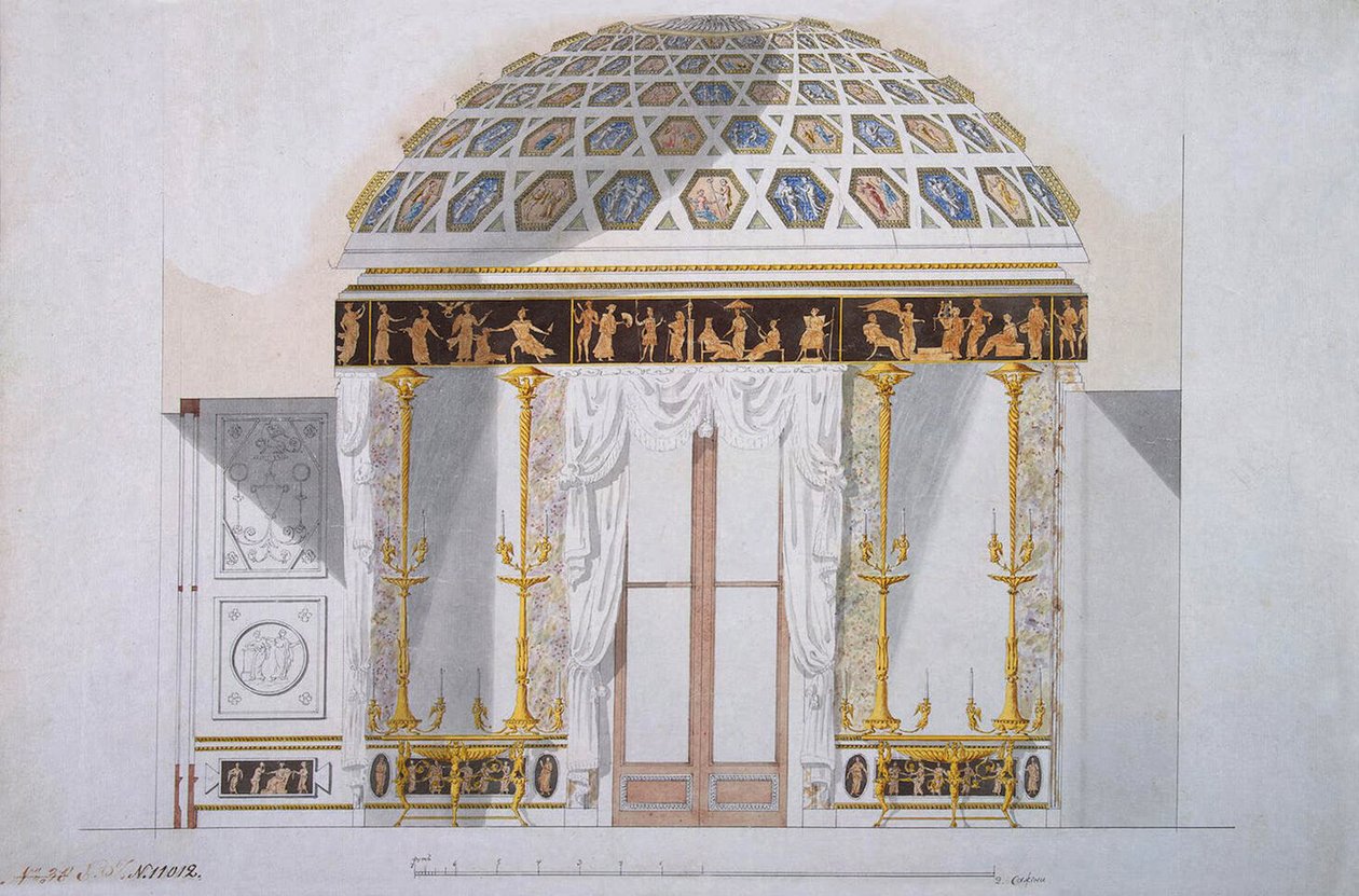 تصميم خزانة جاسبر في جناح العقيق في Tsarskoye Selo ، c.1780 (قلم وحبر مع مرحاض على ورق) بواسطة تشارلز كاميرون