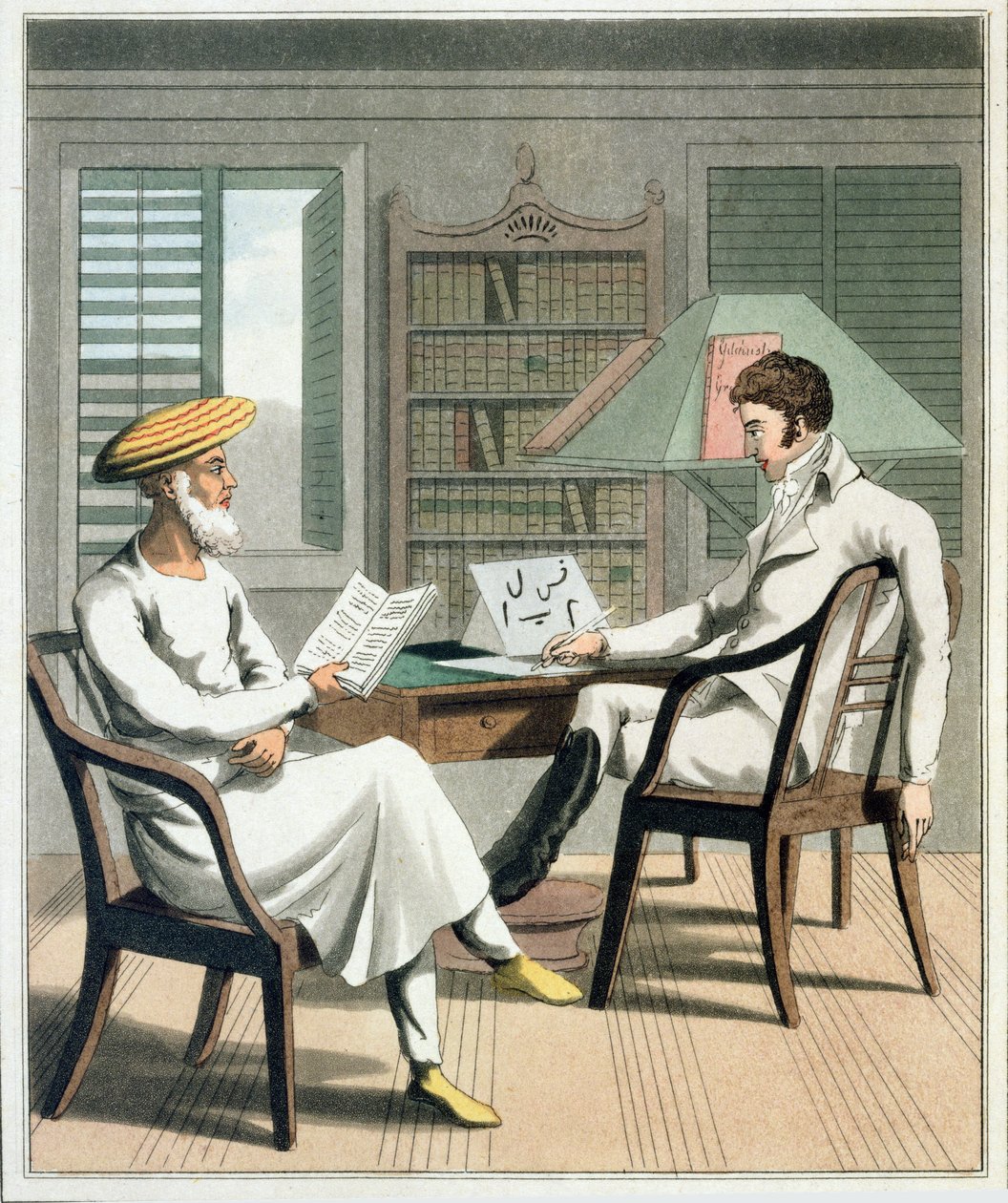 رجل أوروبي مع Moonshee ، أو أستاذ اللغة الأصلي ، اللوحة 1 من "The European in India" ، تم نشره عام 1813 (ألوان مائية يدوية) بواسطة Charles d Oyly