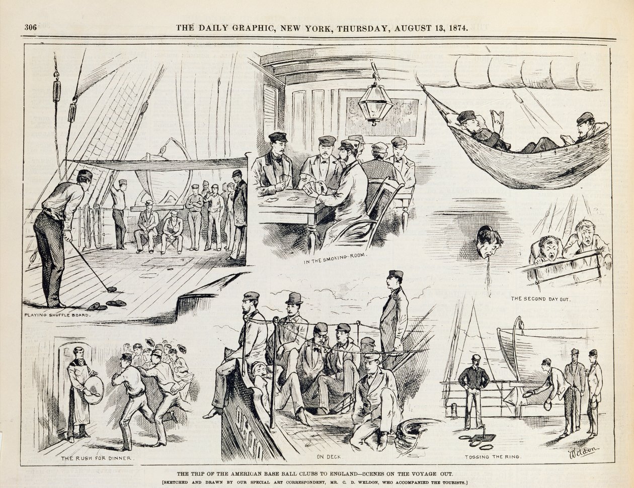 رحلة نوادي البيسبول الأمريكية إلى إنجلترا (The Voyage Out) المنشورة في The New York Daily Graphic ، 1874 بواسطة تشارلز ويلد