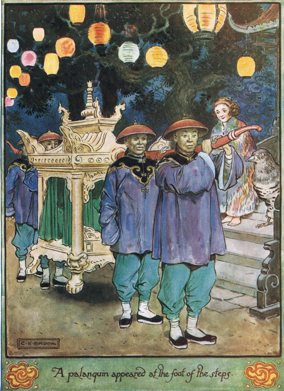 ظهر Palanquin في أسفل الخطوات ، التوضيح من "ساعة الوقواق" للسيدة Molesworth ، التي نشرتها Macmillan في عام 1930 بواسطة تشارلز إدموند بروك