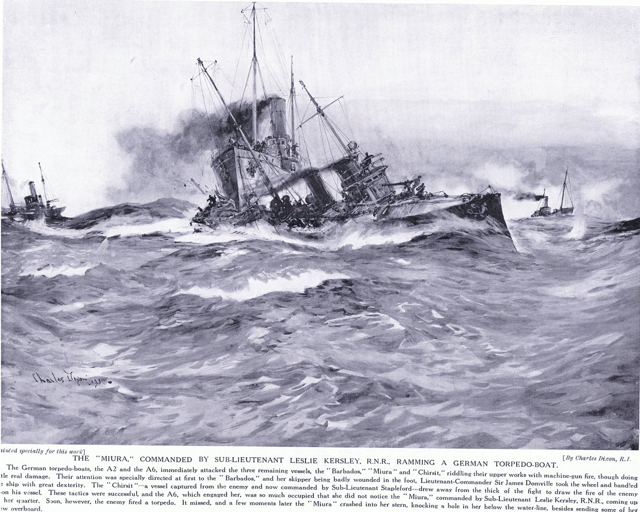 Th Miura بقيادة الملازم الفرعي Lesley Kelsey RNR وهو يصطدم بقارب طوربيدي ألماني ، أكتوبر 1914 بواسطة تشارلز إدوارد ديكسون