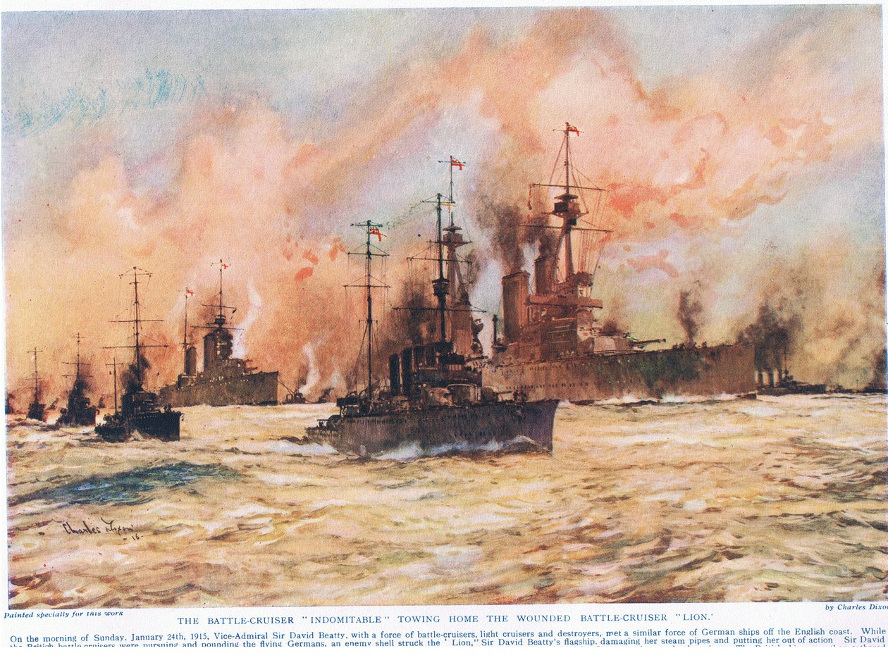 The Battle-Cruiser "لا يقهر" يسحب المنزل المصاب Battle-Cruiser "Lion" ، التوضيح من "Deeds That Thrill The Empire" ، الذي نشرته Hutchinson und Co. ، c.1920 بواسطة تشارلز إدوارد ديكسون