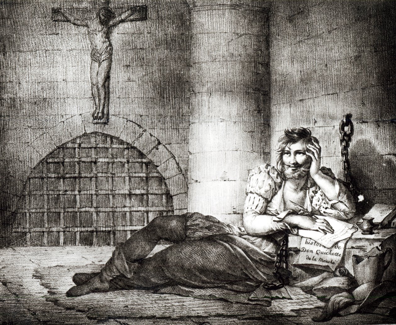ميغيل دي سرفانتس سافيدرا (1547-1616) يكتب "دون كيشوت" في زنزانة محاكم التفتيش بواسطة تشارلز إتيان بيير موت