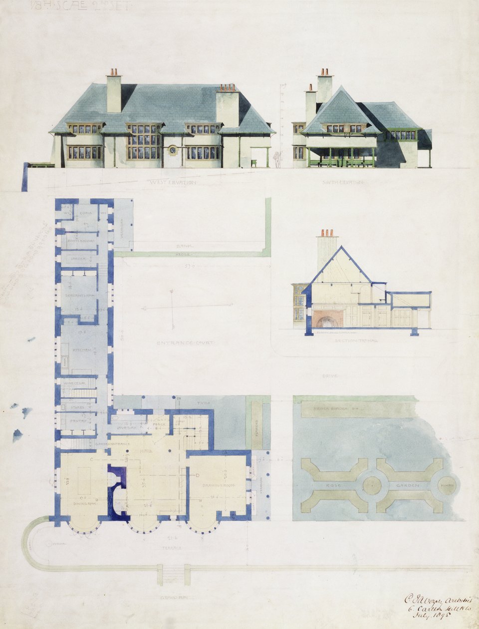 التصميم المقترح لـ Broad Leys ، Windermere ، لـ Arthur Currer Briggs Esq. ، 1898 ، (مرحاض وقلم رصاص على ورق) بواسطة تشارلز فرانسيس أنيسلي فويسي
