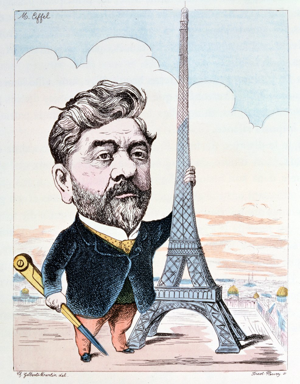 غوستاف إيفل (1832-1923) مع أفضل بناء معروف له ، برج إيفل ، محفور بواسطة فوريست فلوري بواسطة تشارلز جيلبرت مارتن
