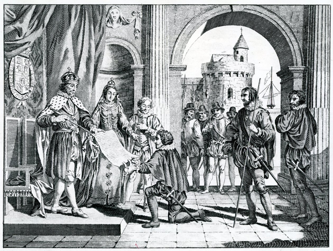 كريستوفر كولومبوس (1451-1506) يقدم عرضًا لاكتشافه لأمريكا إلى ملك وملكة إسبانيا بواسطة تشارلز غرينيون