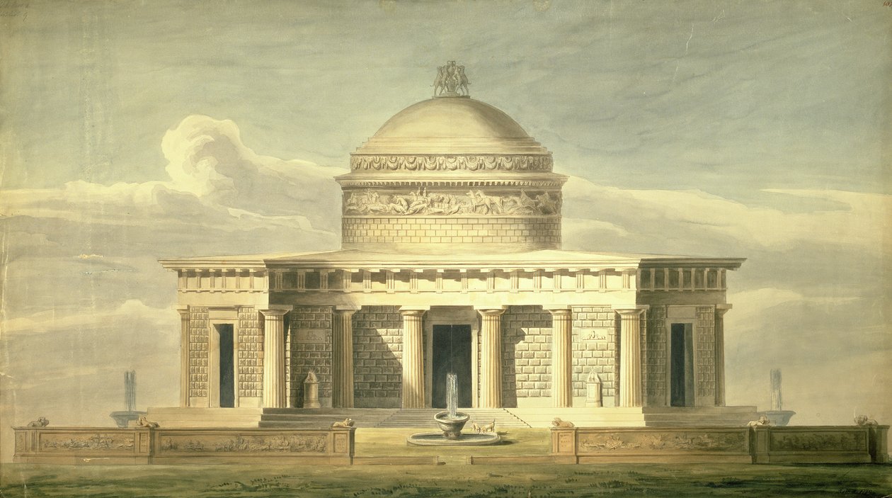 نسخة من تصميم السير جون سوان (1752-1837) لسكن الكلاب ، رسمت في الأصل عام 1779 ، c.1835 (قلم وحبر ومرحاض على ورق) بواسطة تشارلز جيمس ريتشاردسون