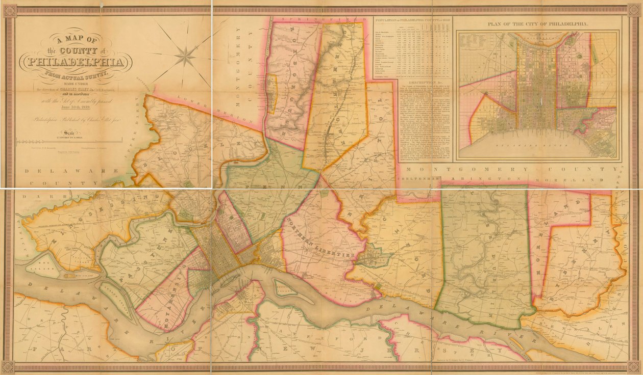 خريطة مقاطعة فيلادلفيا من المسح الفعلي ، 1843 (النقش اليدوي) بواسطة تشارلز جونيور إليت