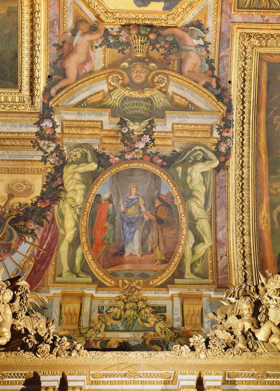 السفراء الذين يصلون من جميع أنحاء العالم ، رسم السقف من Galerie des Glaces بواسطة تشارلز لو برون