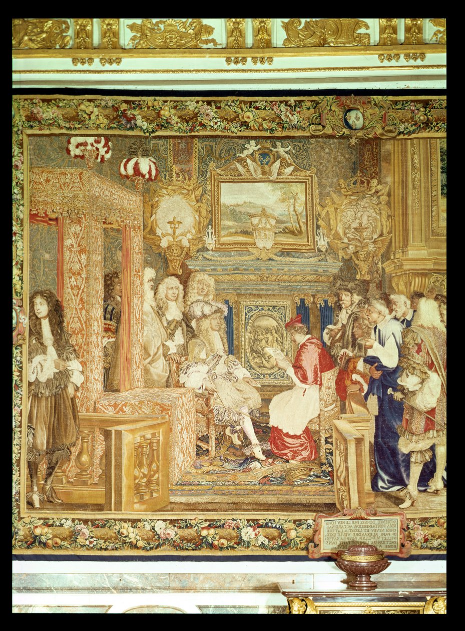 لويس الرابع عشر (1638-1715) يستلم المندوب البابوي في فونتينبلو ، التفاصيل من نسيج Gobelins ، 29 يوليو 1664 (نسيج) (انظر 22905) بواسطة تشارلز لو برون
