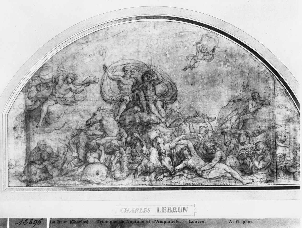 نبتون وأمفيتريت أو إعادة إيقاظ المياه ، c.1663 (حبر القلم والحبر البني ونوار بيير والطباشير الأحمر وغسل رمادي على ورق بيج) بواسطة تشارلز لو برون