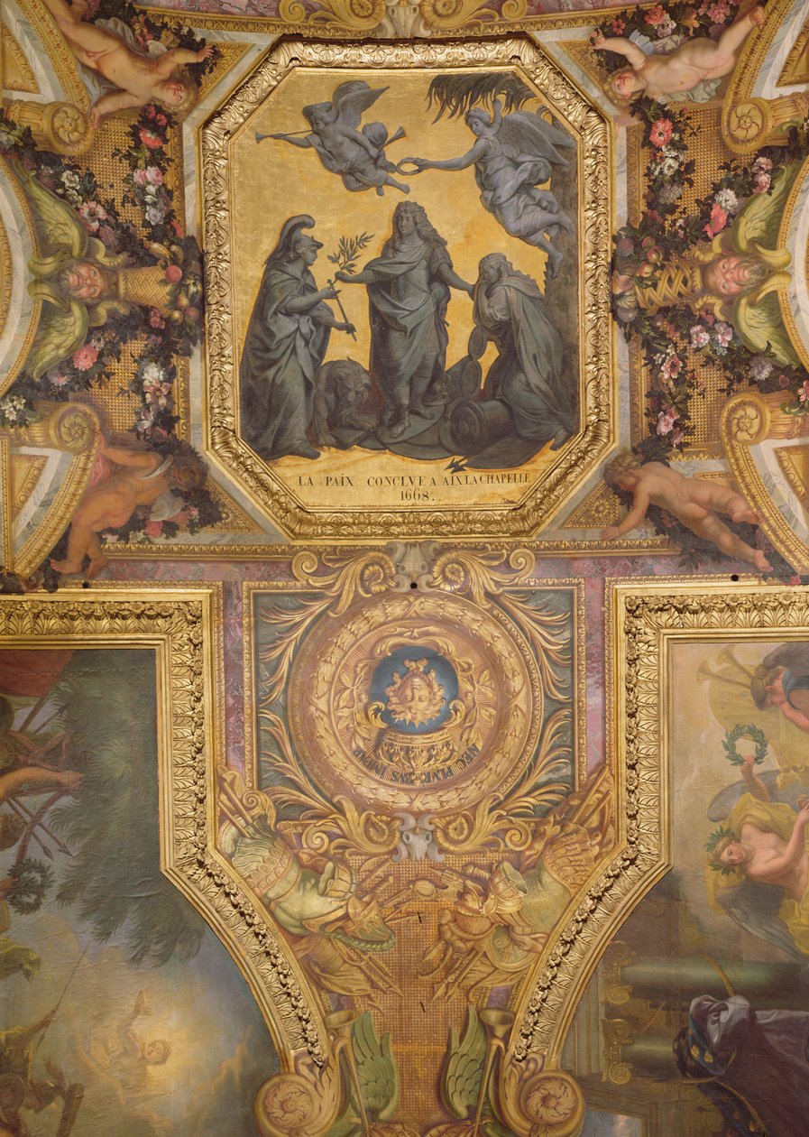 السلام صنع في Aix-la-Chapelle في عام 1668 ، لوحة السقف من Galerie des Glaces بواسطة تشارلز لو برون