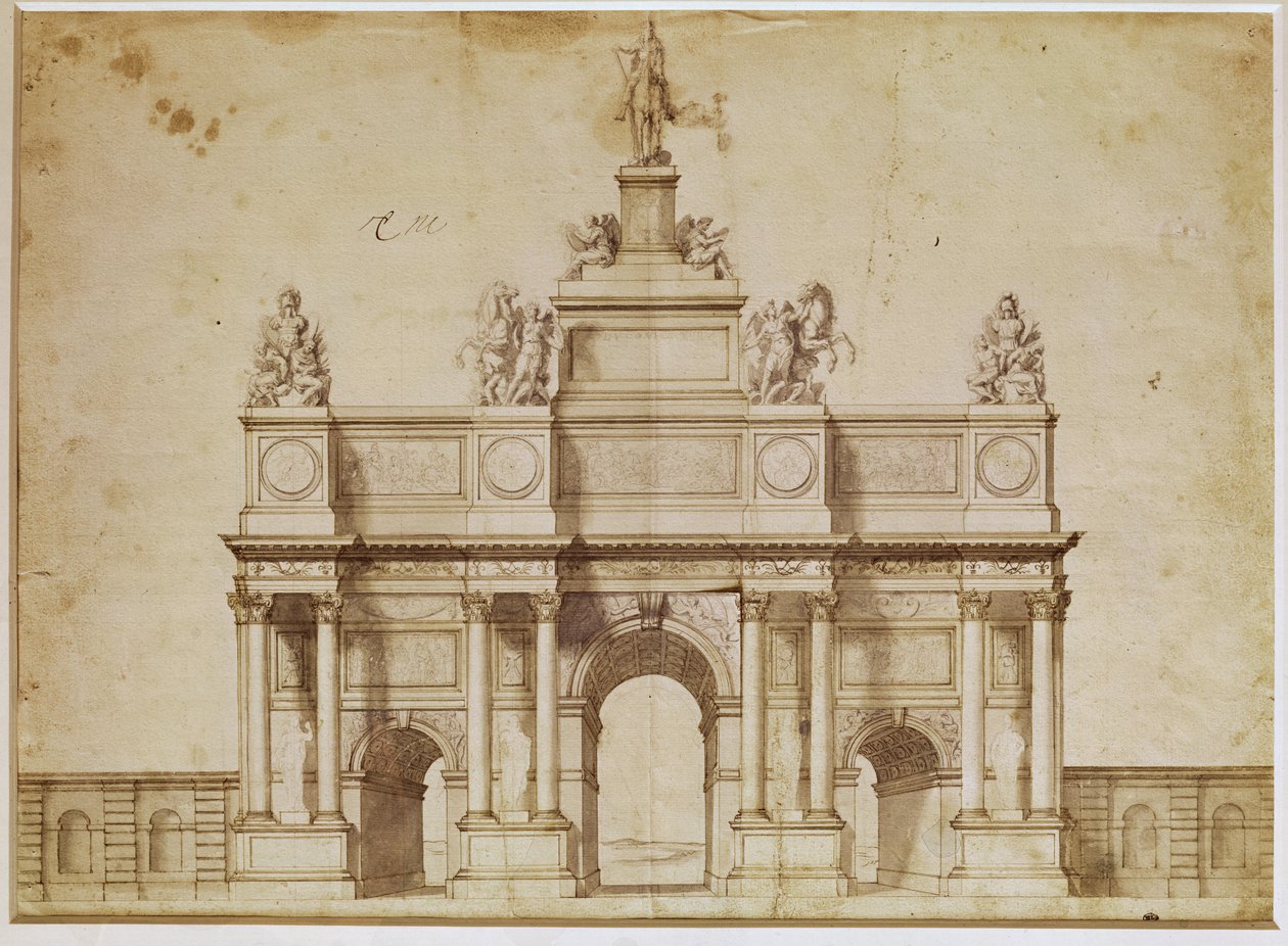 اقتراح لقوس النصر ، شارع سانت أنطوان ، باريس ، c.1668 (قلم وحبر بني على ورق) بواسطة تشارلز لو برون