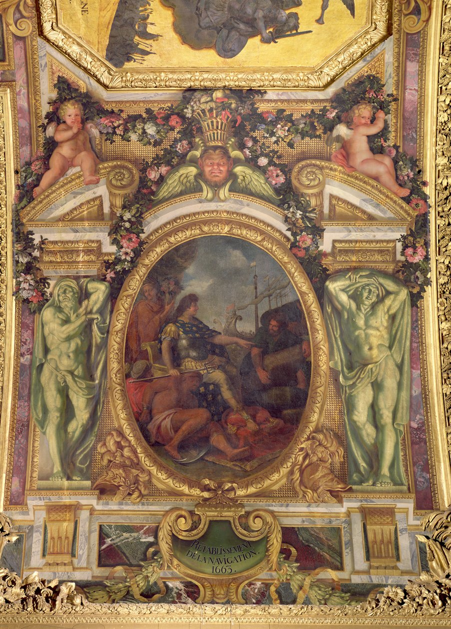 إعادة تأسيس حقوق الملاحة في عام 1663 ، لوحة السقف من Galerie des Glaces بواسطة تشارلز لو برون