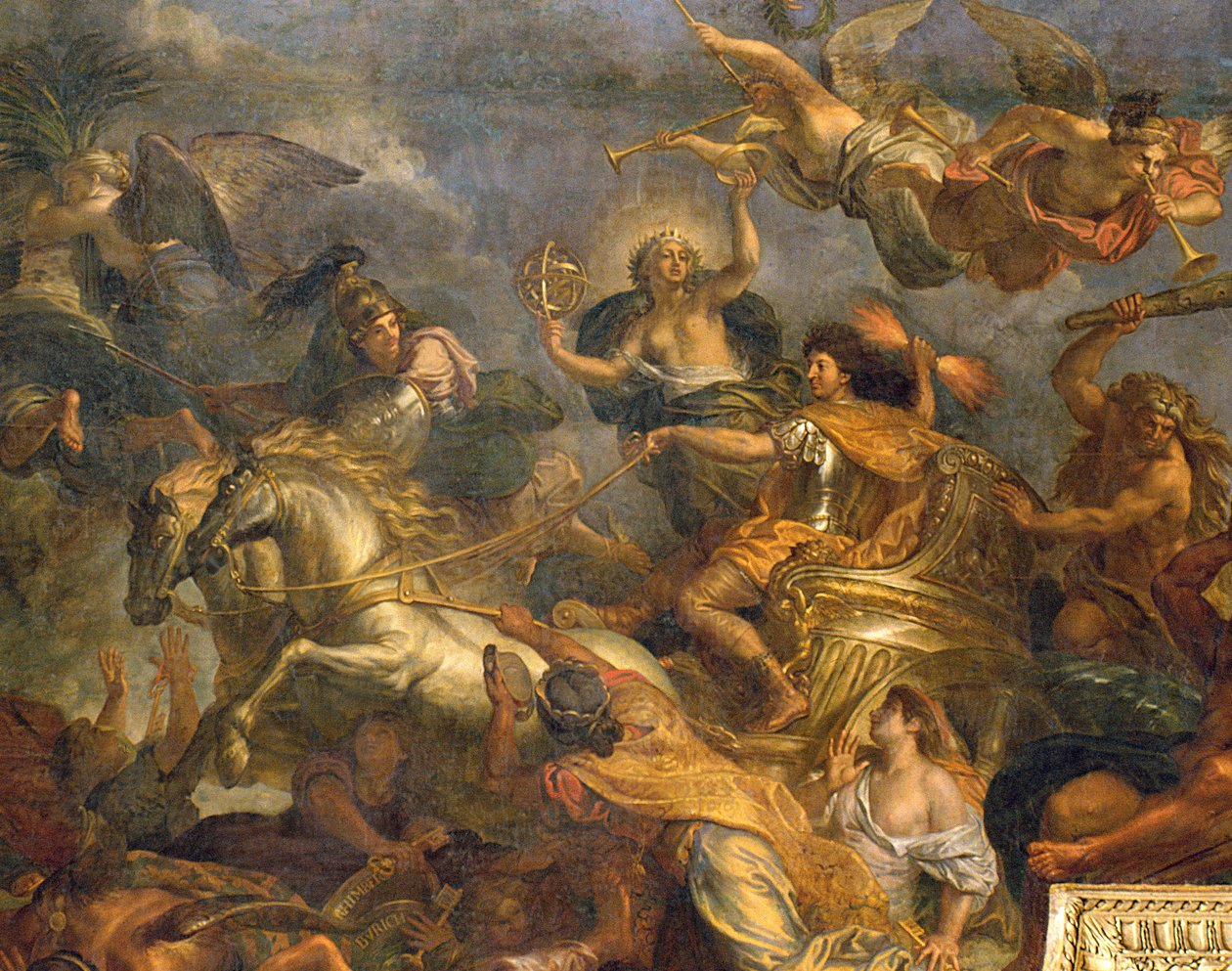 منظر للملك يأخذ ماستريخت في ثلاثة عشر يومًا في عام 1673 والممر على نهر الراين في وجود الأعداء في عام 1672 ، لوحة السقف من Galerie des Glaces ، 1678-86 تفاصيل 208101 بواسطة تشارلز لو برون
