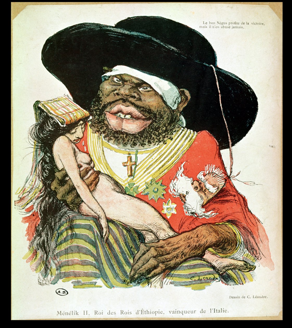 رسم كاريكاتير لنقوس إثيوبيا ، منليك الثاني (1844-1913) ، من مجلة "لو راير" ، نهاية القرن التاسع عشر بواسطة تشارلز ليندر