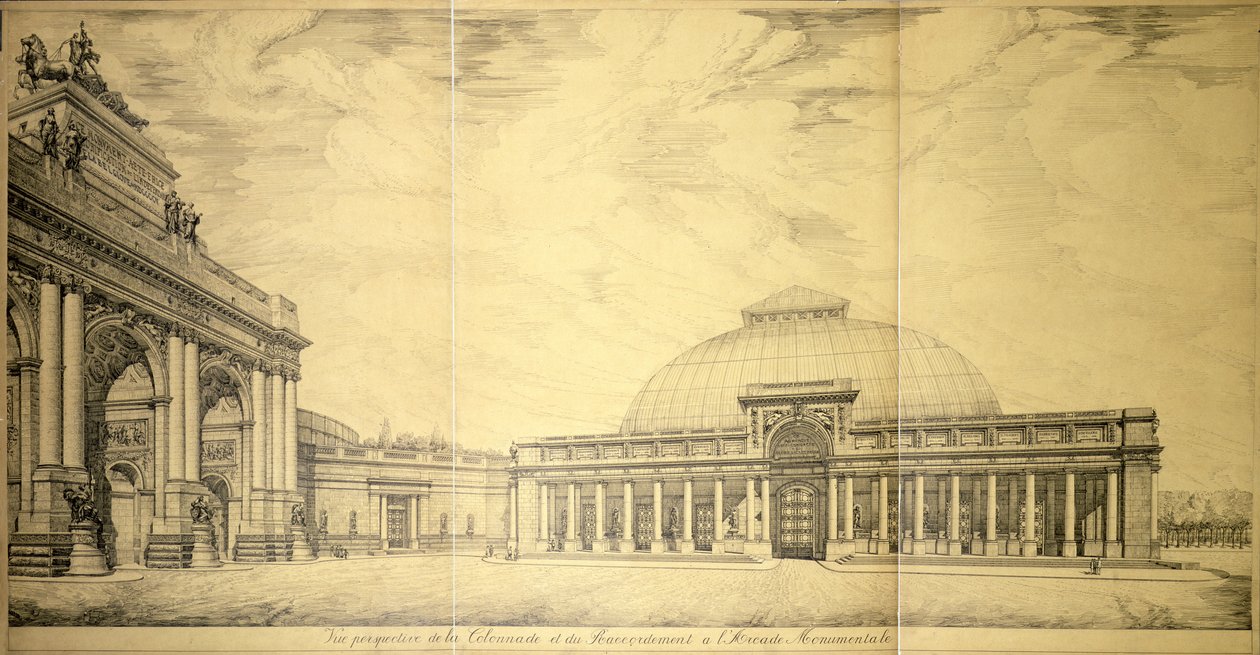قوس النصر وأحد الأجنحة ذات الأعمدة نصف الدائرية لقصر Cinquantenaire ، بروكسل ، 1906 بواسطة تشارلز لويس جيرولت