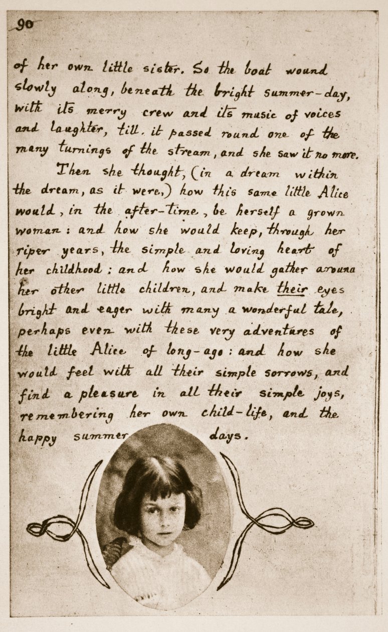 Alice Liddell على الصفحة الأخيرة من "Alice&39;s Adventures Underground" ، 1859 (صورة بني داكن) بواسطة تشارلز لوتويدج دودجسون