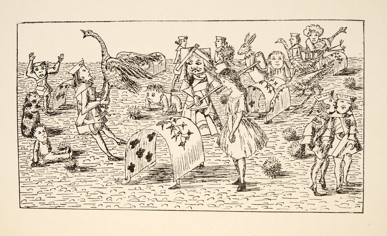 أليس والملكة الحمراء يلعبان لعبة الكروكيه ، التوضيح من Alices Adventures Under Ground ، الحانة. 1886 (فاكس) بواسطة تشارلز لوتويدج دودجسون