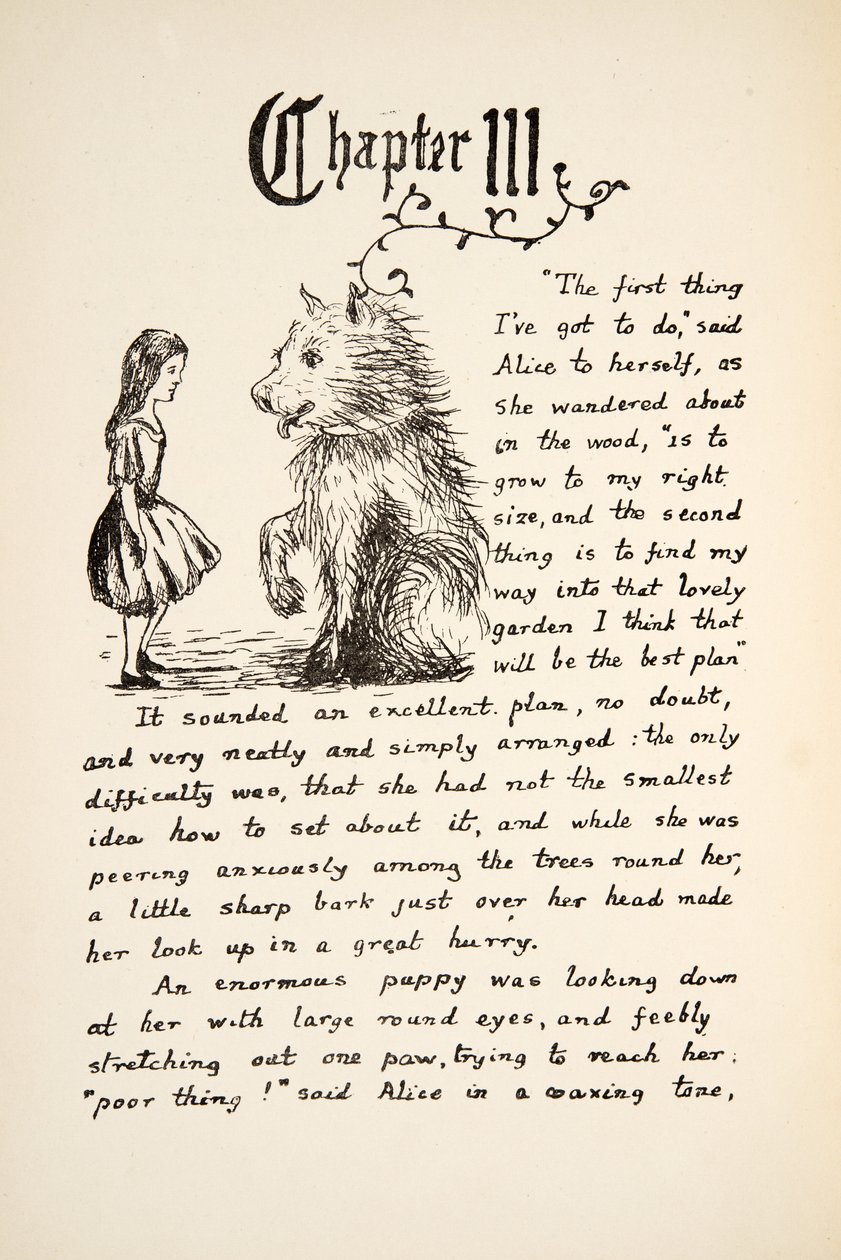 تلتقي أليس مع الجرو ، صورة توضيحية من Alices Adventures Under Ground ، الحانة. 1886 (فاكس) بواسطة تشارلز لوتويدج دودجسون