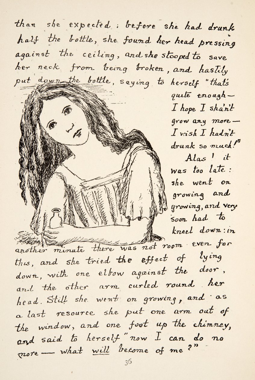 تبدأ أليس بالنمو بعد الشرب من الزجاجة الصغيرة ، التوضيح من Alices Adventures Under Ground ، الحانة. 1886 (فاكس) بواسطة تشارلز لوتويدج دودجسون