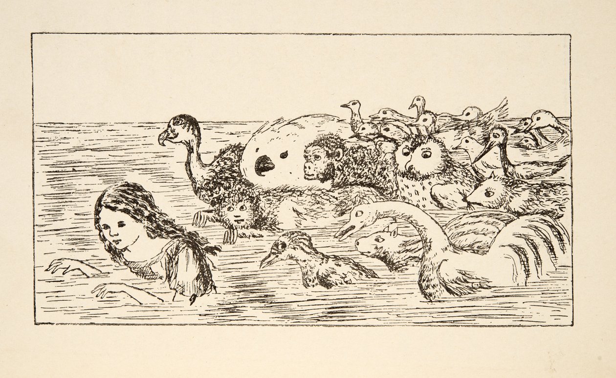 أليس تسبح في بركة الدموع ، صورة توضيحية من Alices Adventures Under Ground ، حانة. 1886 (فاكس) بواسطة تشارلز لوتويدج دودجسون
