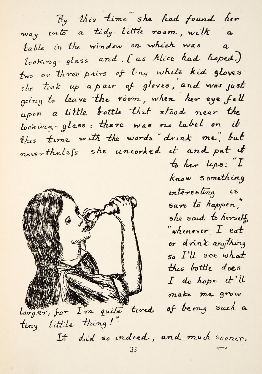 أليس تفتح الزجاجة الصغيرة ، رسم توضيحي من Alices Adventures Under Ground ، حانة. 1886 (فاكس) بواسطة تشارلز لوتويدج دودجسون