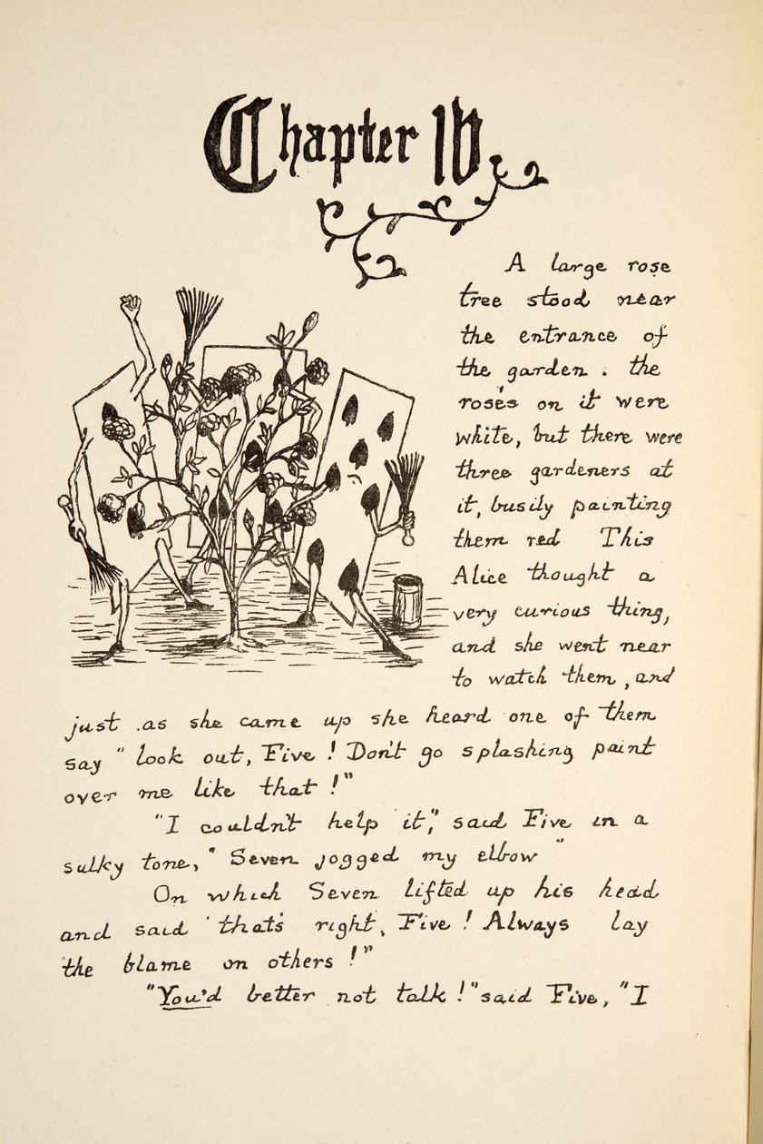 أوراق اللعب التي ترسم الأبيض وردة حمراء ، رسم توضيحي من Alices Adventures Under Ground ، حانة. 1886 (فاكس) بواسطة تشارلز لوتويدج دودجسون