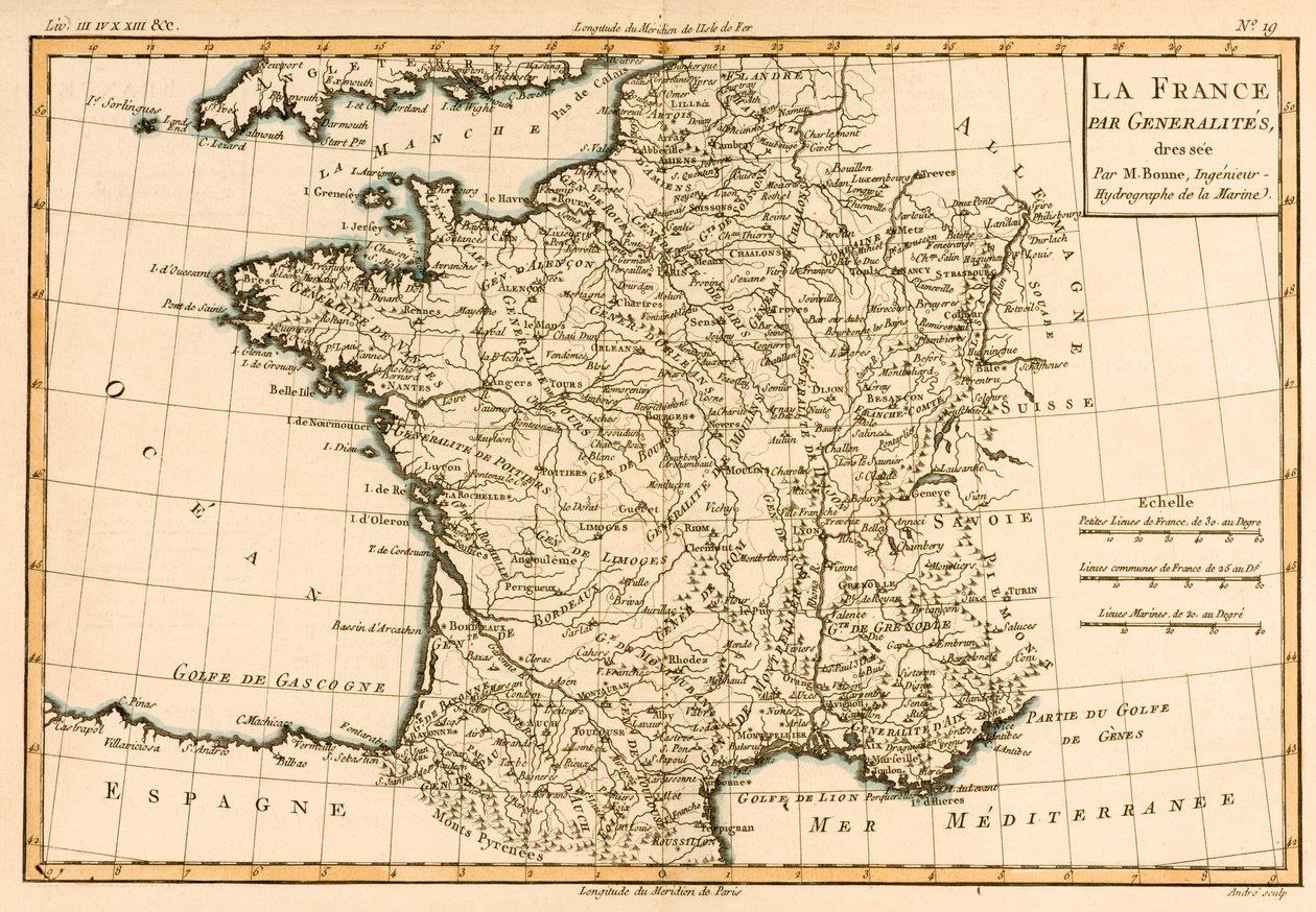فرنسا حسب المناطق ، من "أطلس جميع أنحاء العالم المعروفة" بقلم غيوم راينال (1713-1796) تم نشره عام 1780 بواسطة تشارلز ماري ريغوبرت بون