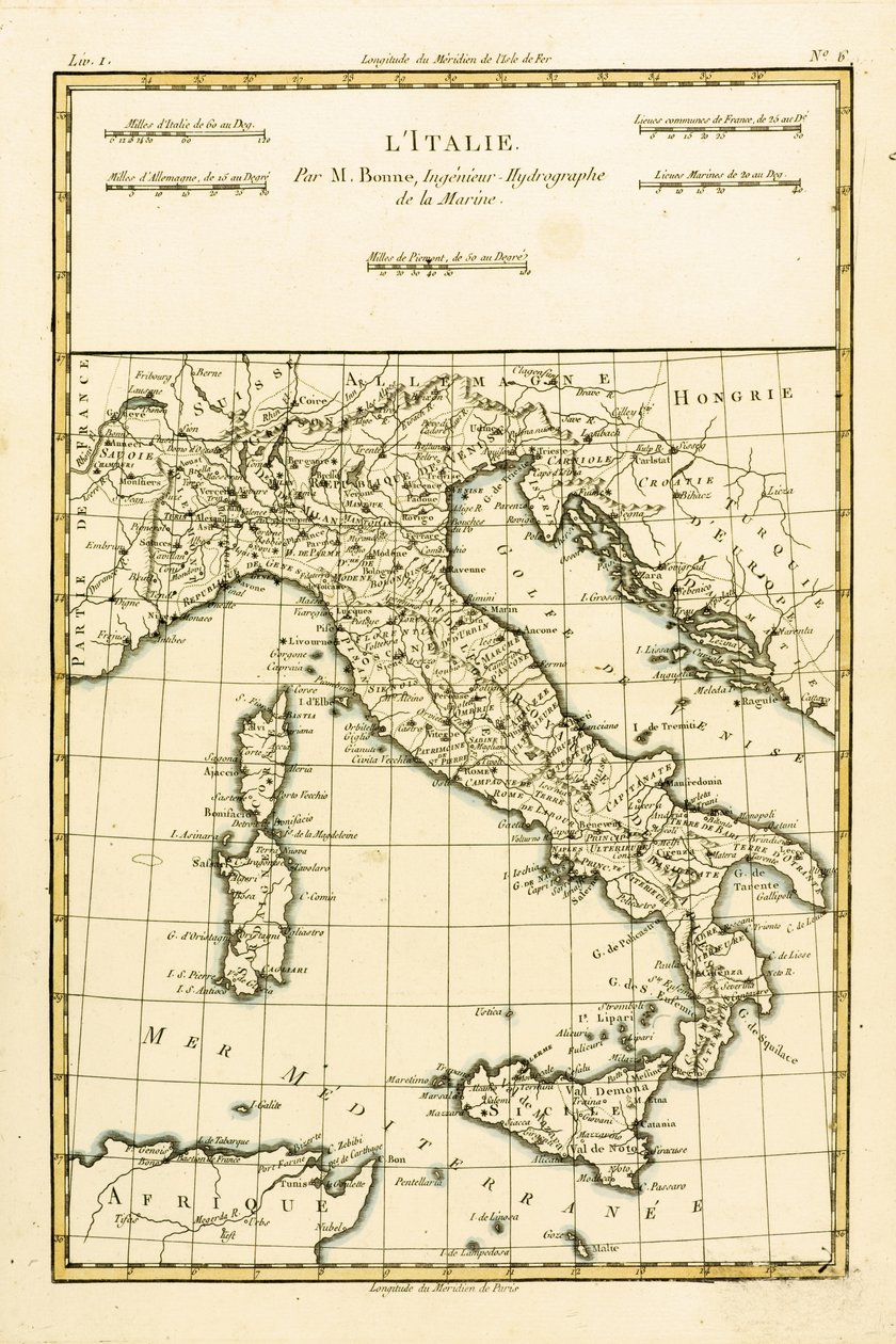 إيطاليا ، من "أطلس جميع أنحاء العالم المعروفة" بقلم غيوم راينال (1713-96) المنشورة جنيف ، 1780 بواسطة تشارلز ماري ريغوبرت بون