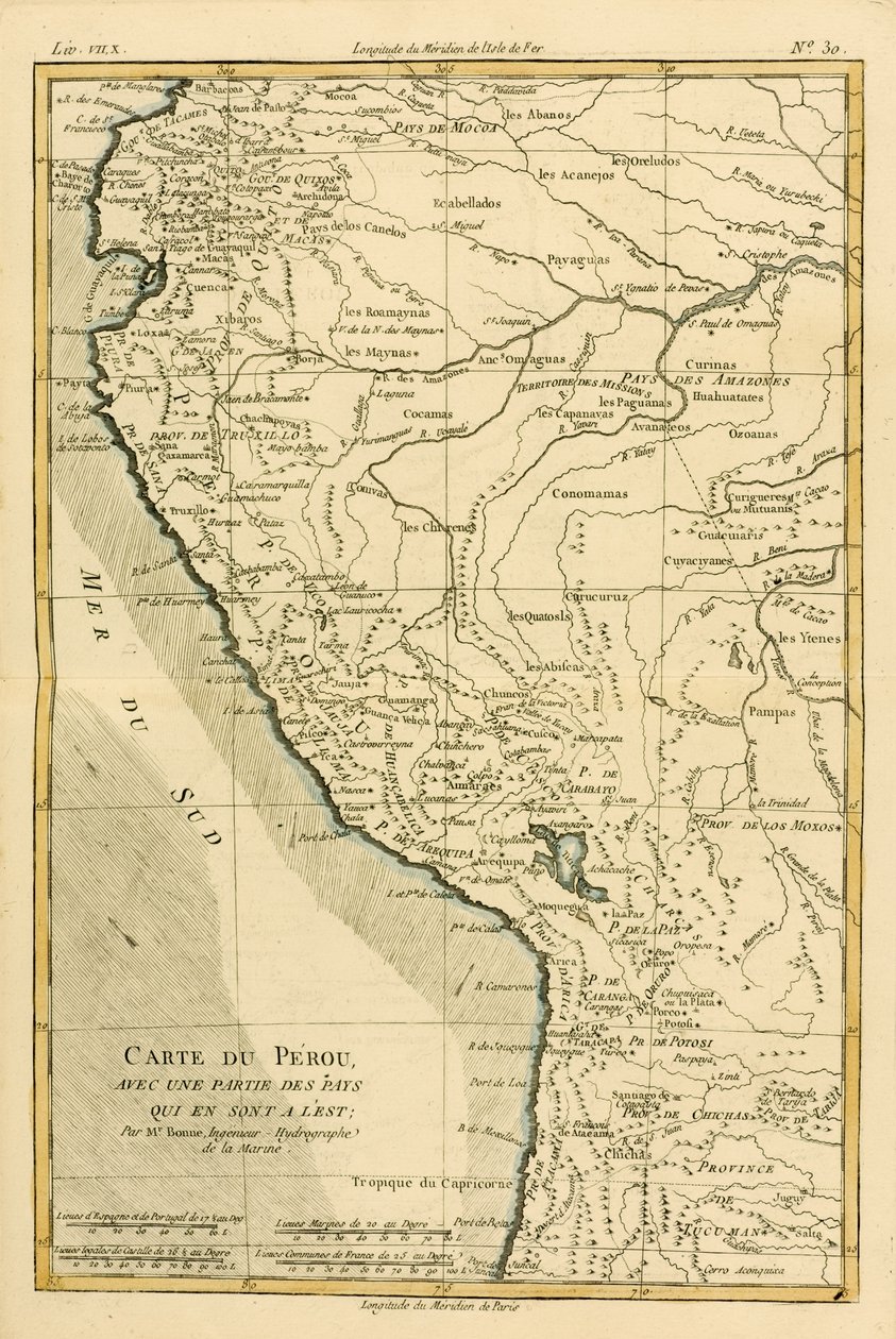 بيرو ، من "أطلس جميع أنحاء العالم المعروفة" بقلم غيوم راينال (1713-96) المنشورة جنيف ، 1780 بواسطة تشارلز ماري ريغوبرت بون