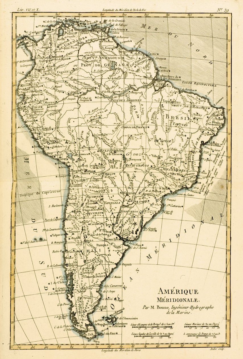 أمريكا الجنوبية ، من "أطلس جميع أنحاء العالم المعروفة" بقلم غيوم راينال (1713-96) المنشورة جنيف ، 1780 بواسطة تشارلز ماري ريغوبرت بون