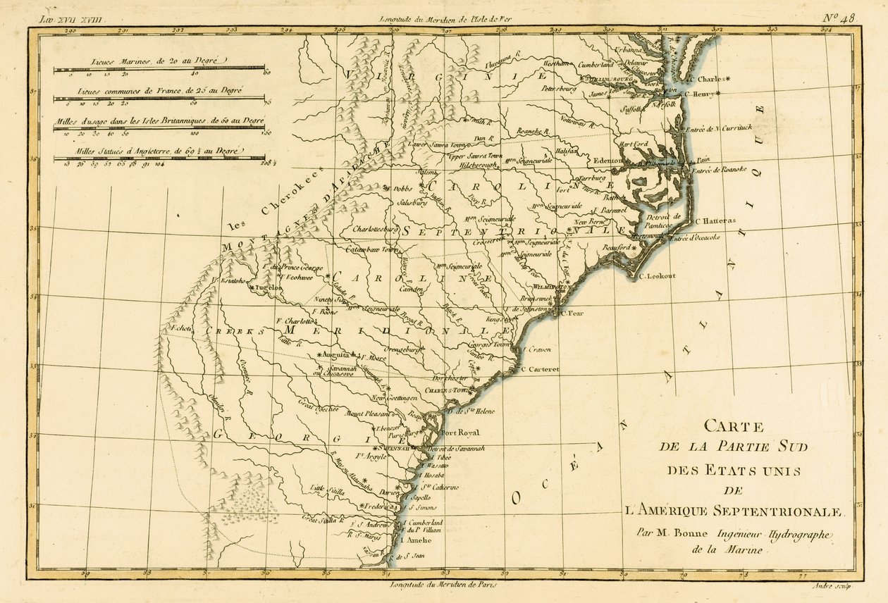 الساحل الجنوبي الشرقي لأمريكا ، من "أطلس جميع أجزاء العالم المعروفة" بقلم غيوم راينال (1713-1796) ، نشر JL Pellet ، جنيف ، 1780 (نقش ملون) بواسطة تشارلز ماري ريغوبرت بون