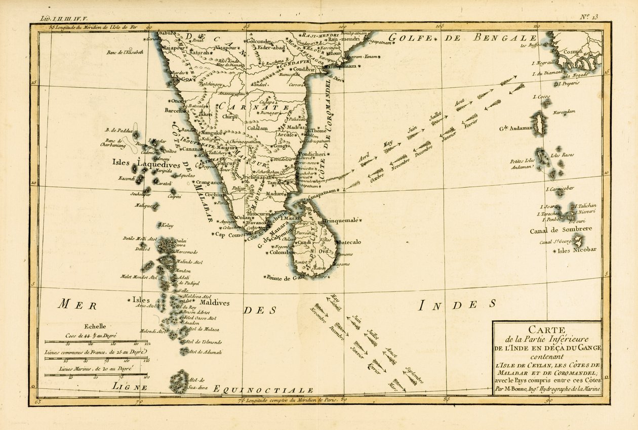 جنوب الهند وسيلان ، من "أطلس جميع الأجزاء المعروفة في العالم" بقلم غيوم راينال (1713-96) ، تم نشره JL Pellet ، جنيف ، 1780 بواسطة تشارلز ماري ريغوبرت بون