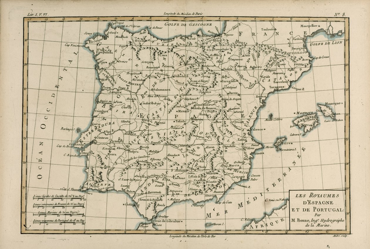 إسبانيا والبرتغال ، من "أطلس جميع الأجزاء المعروفة في العالم" بقلم غيوم راينال (1713-96) المنشور جنيف ، 1780 بواسطة تشارلز ماري ريغوبرت بون