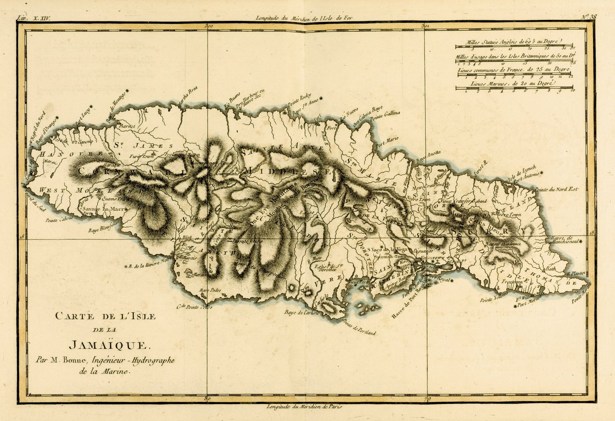 جزيرة جامايكا ، من "أطلس جميع أنحاء العالم المعروفة" بقلم غيوم راينال (1713-96) المنشور عام 1780 بواسطة تشارلز ماري ريغوبرت بون