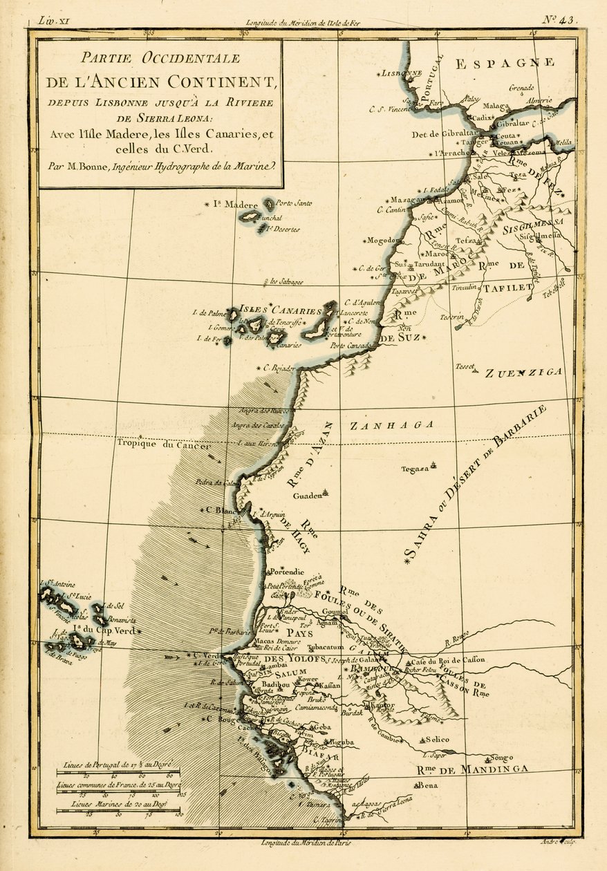الساحل الغربي لأفريقيا ، من لشبونة إلى سيراليون ، من "أطلس جميع أنحاء العالم المعروفة" بقلم غيوم راينال (1713-96) المنشور جنيف ، 1780 بواسطة تشارلز ماري ريغوبرت بون