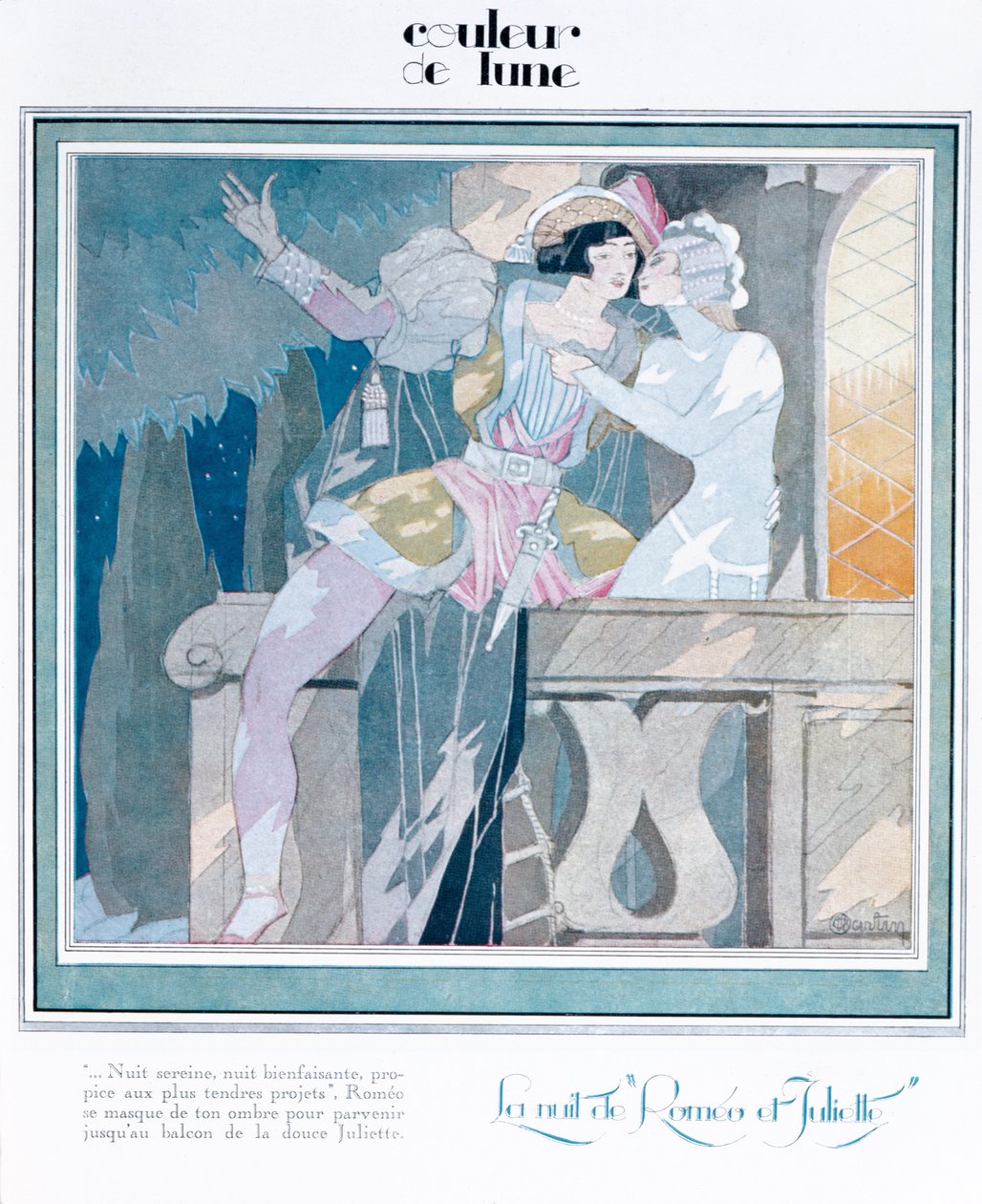 روميو وجولييت في مشهد الشرفة ، صورة توضيحية من مجلة &39;Femina&39; ، ديسمبر 1929 بواسطة تشارلز مارتن