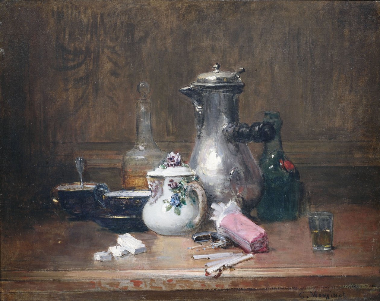 Nature morte du bon vivant. لا تزال الحياة مع الأواني الفخارية وزجاجة الكونياك والسجائر بواسطة تشارلز مونغينوت