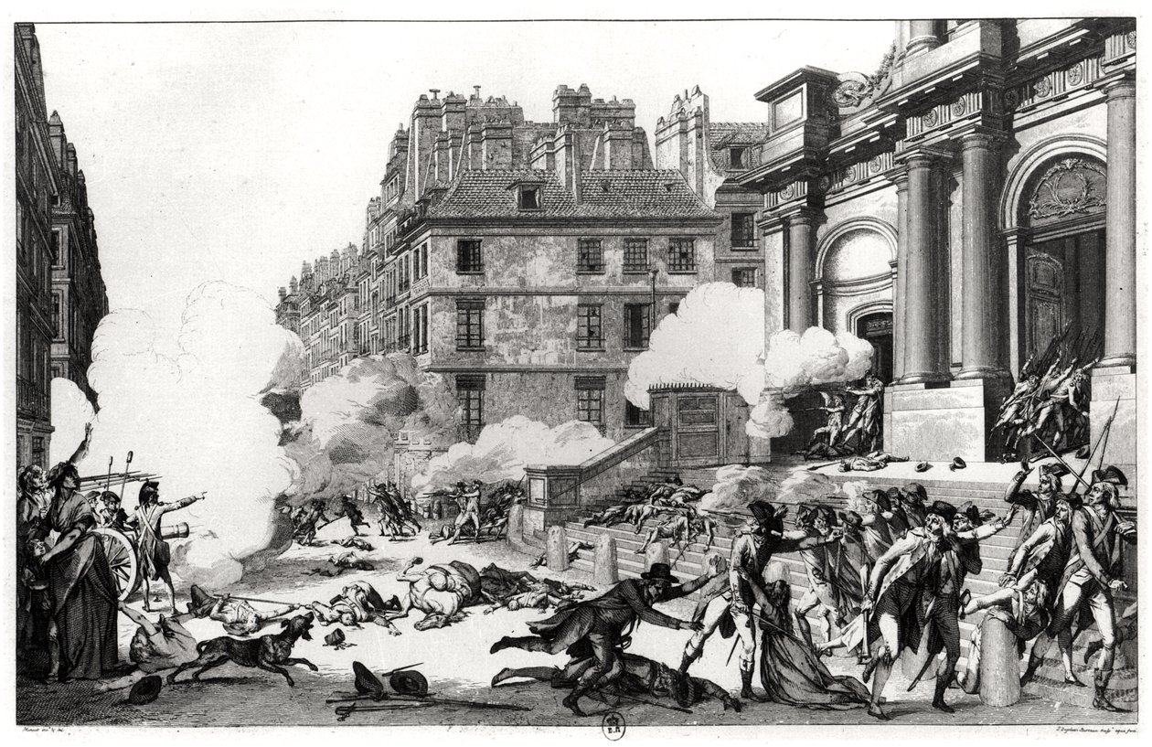 يوم 13 فنديمياير الرابع (5 أكتوبر 1795) ، تبادل لإطلاق النار قبل كنيسة سانت روش في باريس ، نقش جان دوبليسي-بيرتو (1747-1819) بواسطة تشارلز مونيه